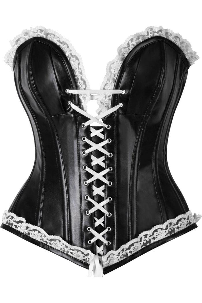 daisy beachwear Top Drawer Black Faux Leather & White Lace Trim Steel Boned Corset