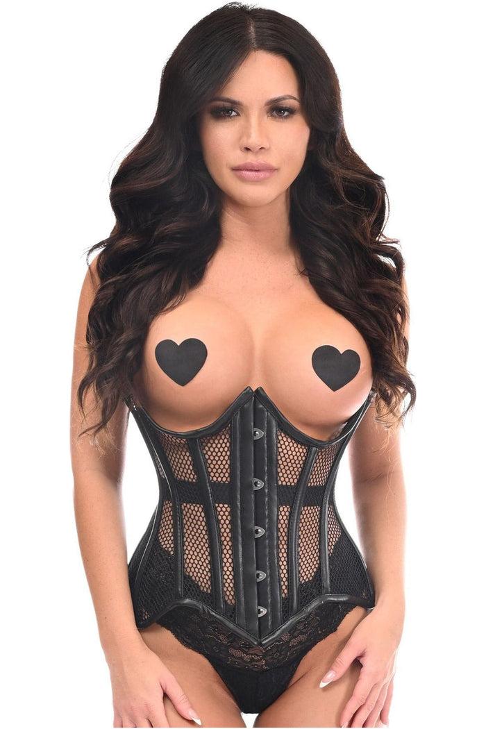 daisy beachwear Top Drawer Black Fishnet & Faux Leather Steel Boned Underwire Curvy Cut Waist Cincher Corset