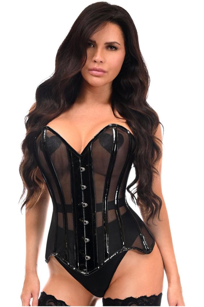 daisy beachwear Top Drawer Black Mesh Net w/Patent Steel Boned Overbust Corset