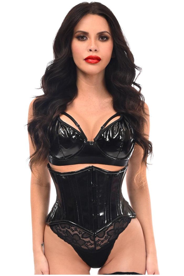 daisy beachwear Top Drawer Black Patent PVC Vinyl Double Steel Boned Curvy Cut Waist Cincher