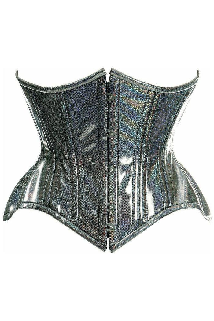 daisy beachwear Top Drawer Black Rainbow Glitter Holo Double Steel Boned Curvy Cut Waist Cincher Corset