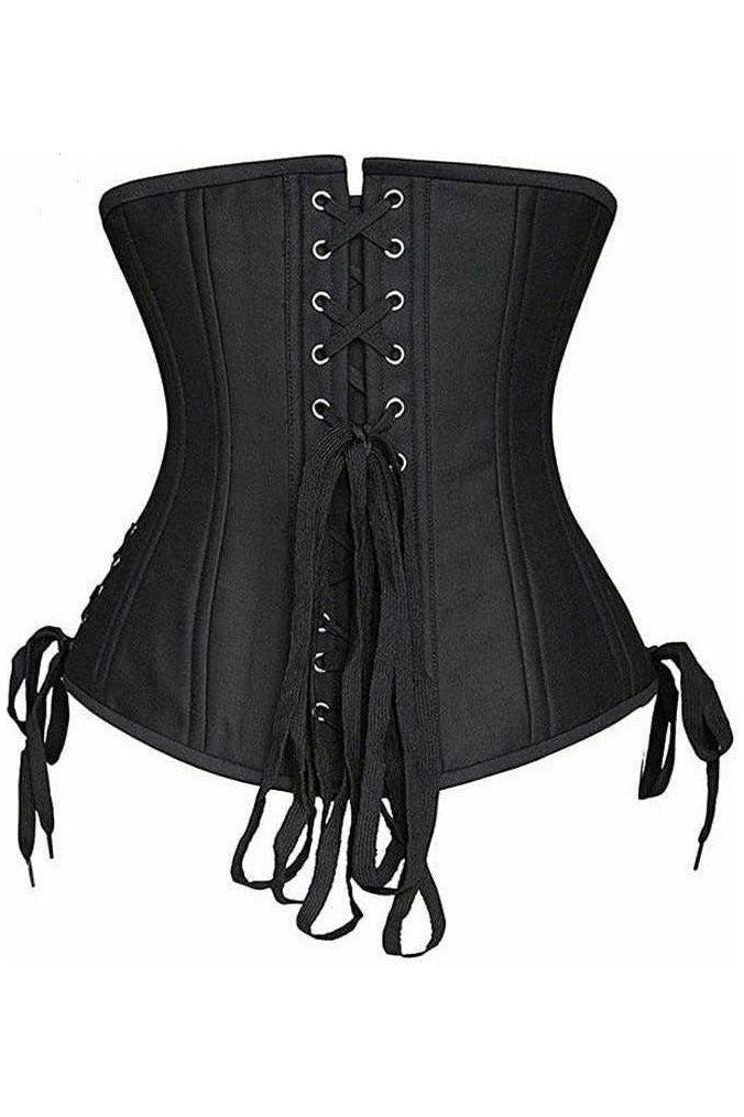 Daisy Beachwear Top Drawer Black Satin Double Steel Boned Curvy Cut Waist Cincher Corset W/Lace-Up Sides