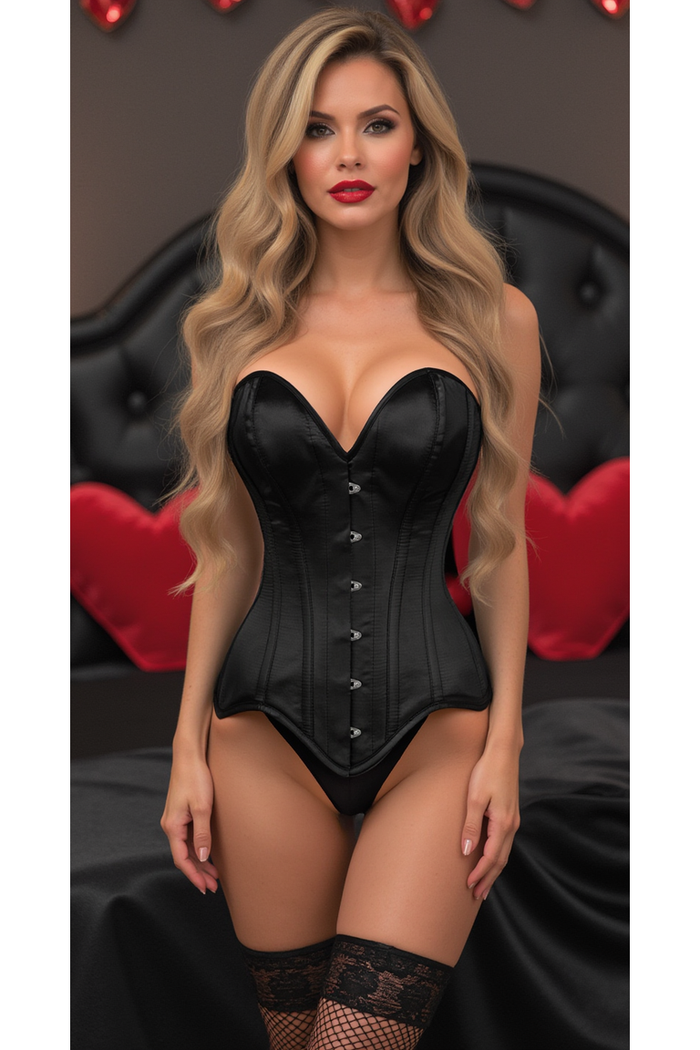 daisy beachwear Top Drawer Black Satin Steel Boned Overbust Corset