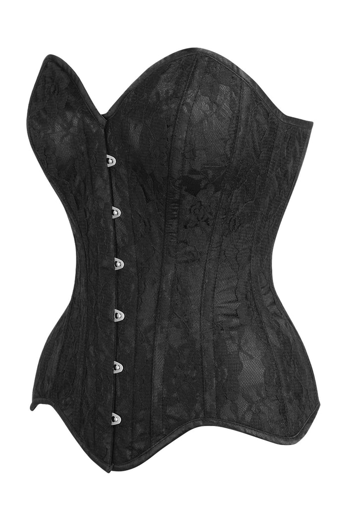 Daisy Beachwear Top Drawer Black Satin W/Black Lace Overlay Steel Boned Overbust Corset