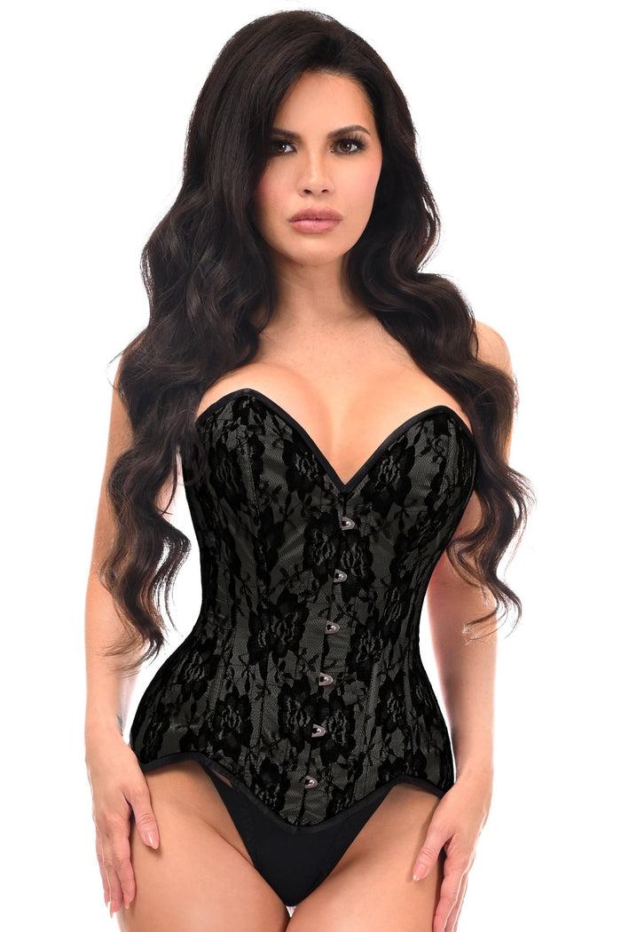 daisy beachwear Top Drawer Black Satin w/Black Lace Overlay Steel Boned Overbust Corset
