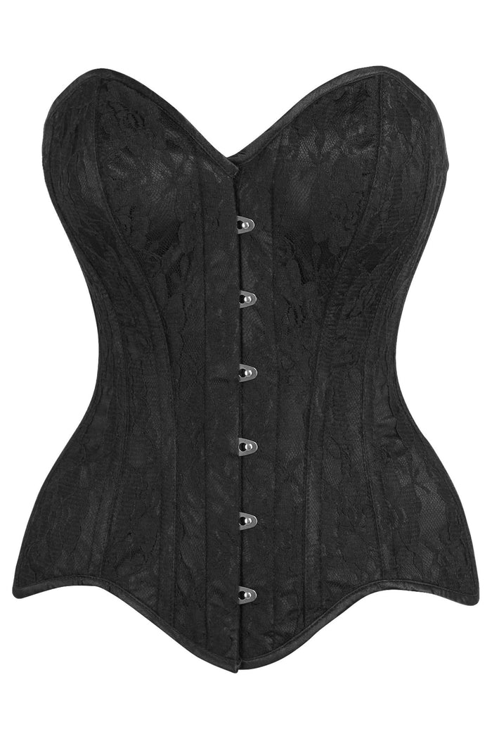 daisy beachwear Top Drawer Black Satin w/Black Lace Overlay Steel Boned Overbust Corset