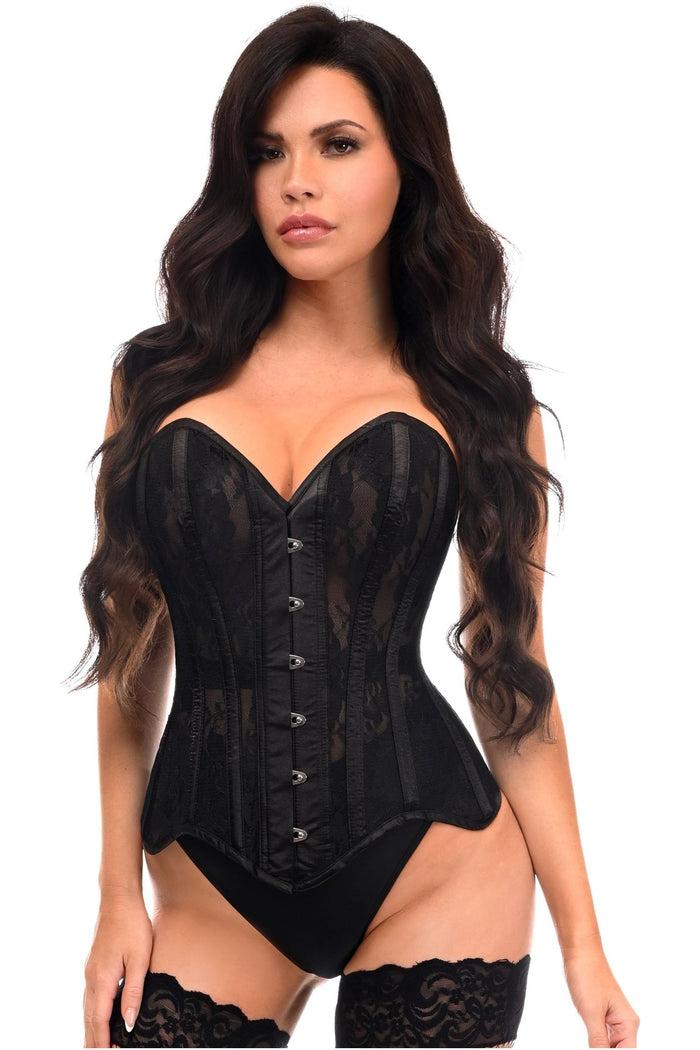 daisy beachwear Top Drawer Black Sheer Mesh Net & Lace Steel Boned Overbust Corset