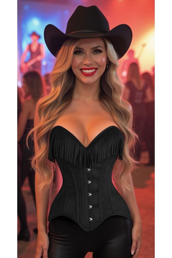 Daisy Beachwear Top Drawer Black Suede Steel Boned Overbust Corset W/Fringe