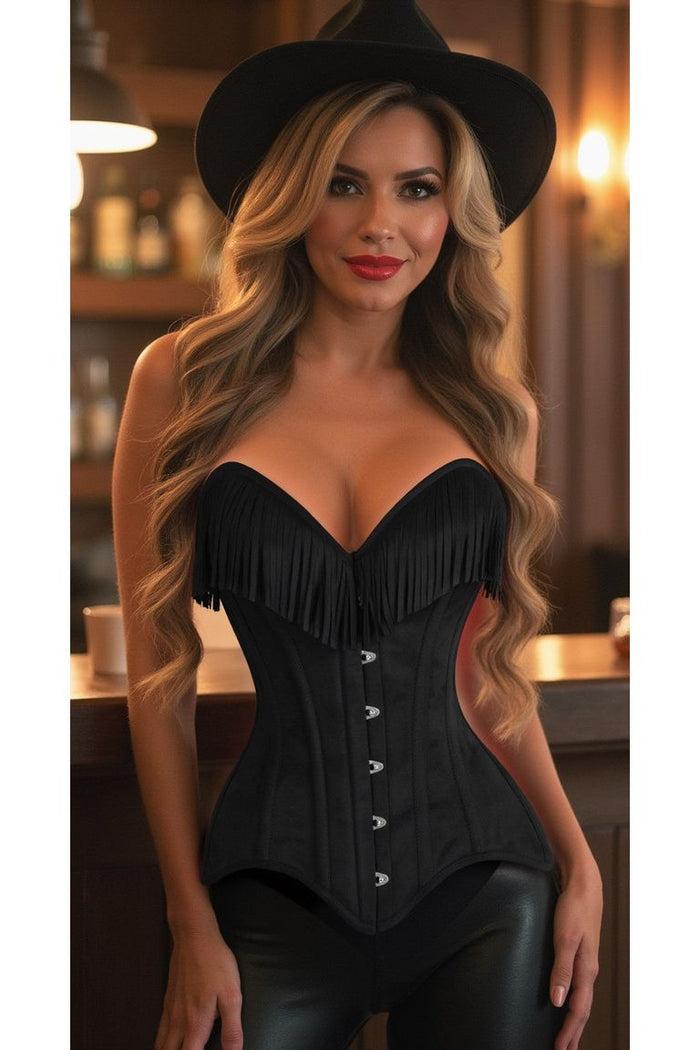 Daisy Beachwear Top Drawer Black Suede Steel Boned Overbust Corset W/Fringe