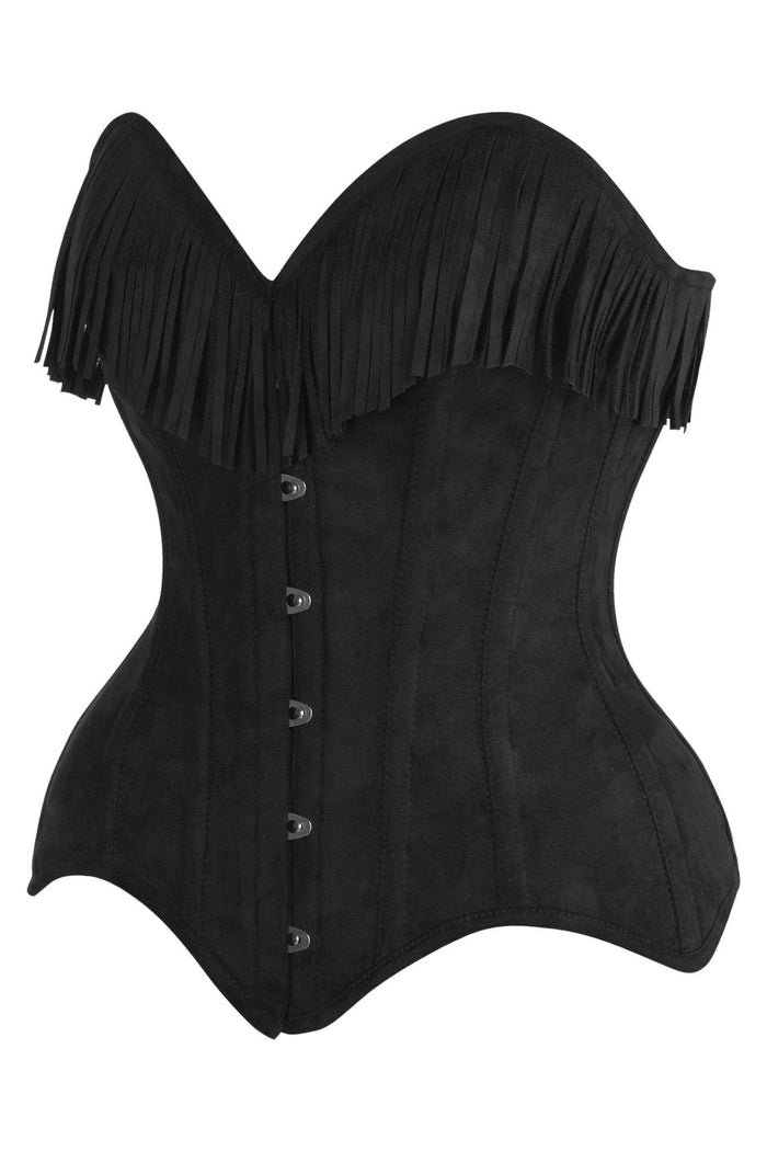 Daisy Beachwear Top Drawer Black Suede Steel Boned Overbust Corset W/Fringe