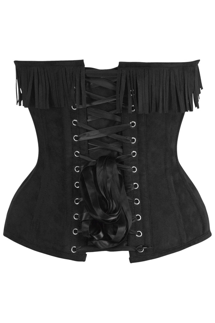 Daisy Beachwear Top Drawer Black Suede Steel Boned Overbust Corset W/Fringe