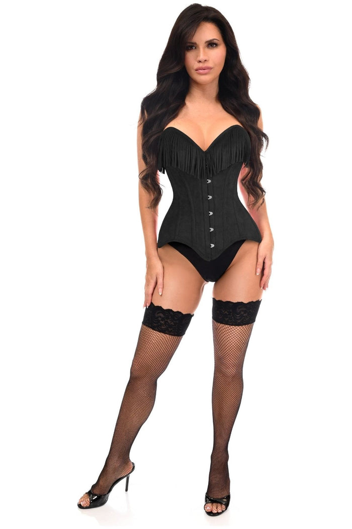 Daisy Beachwear Top Drawer Black Suede Steel Boned Overbust Corset W/Fringe