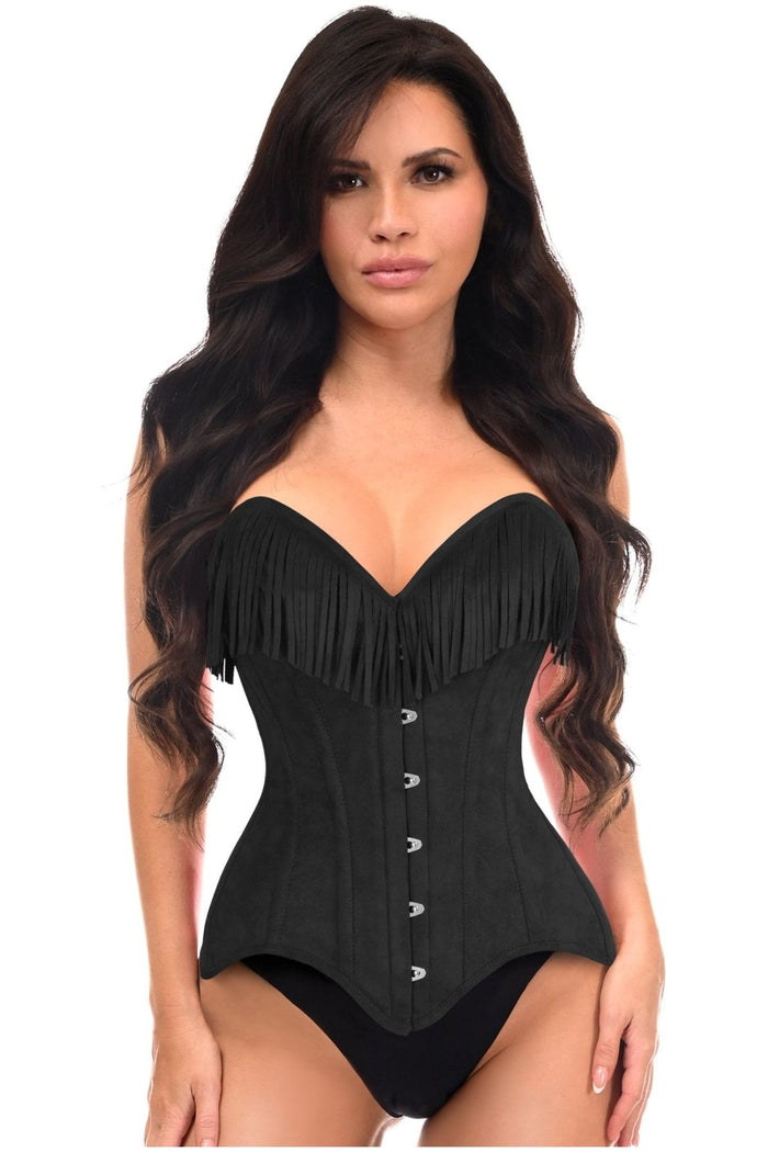 daisy beachwear Top Drawer Black Suede Steel Boned Overbust Corset w/Fringe