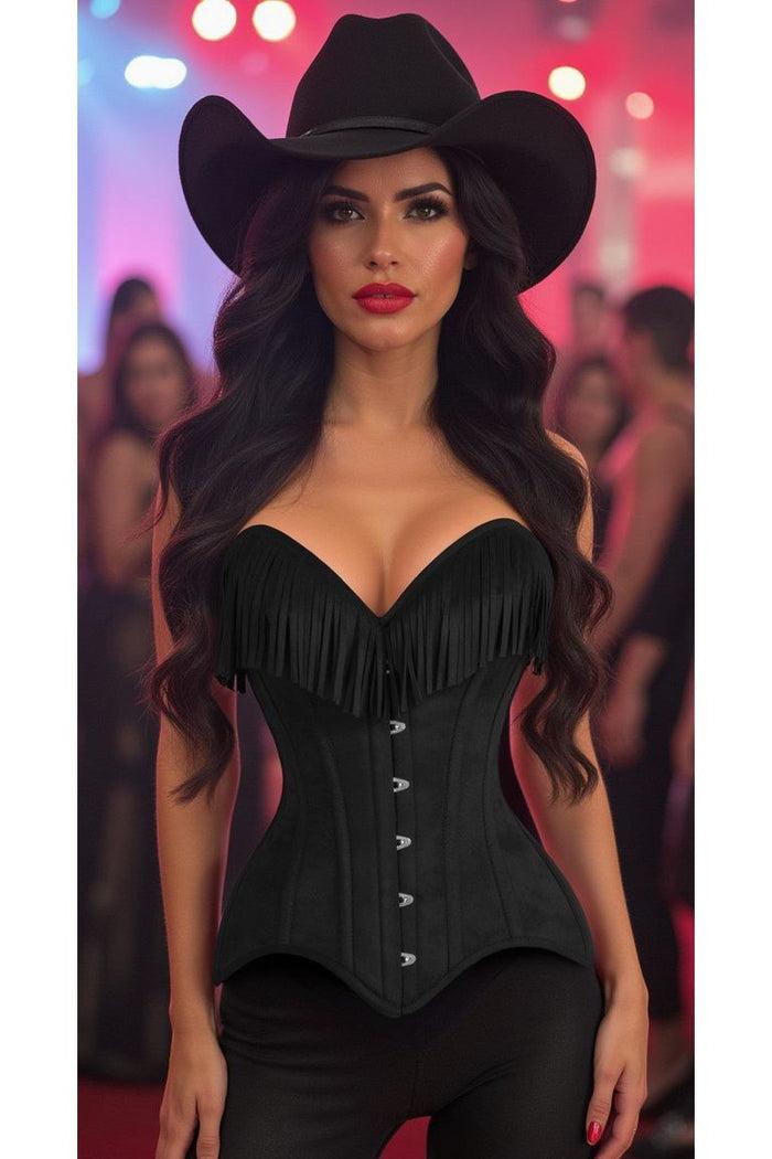 daisy beachwear Top Drawer Black Suede Steel Boned Overbust Corset w/Fringe