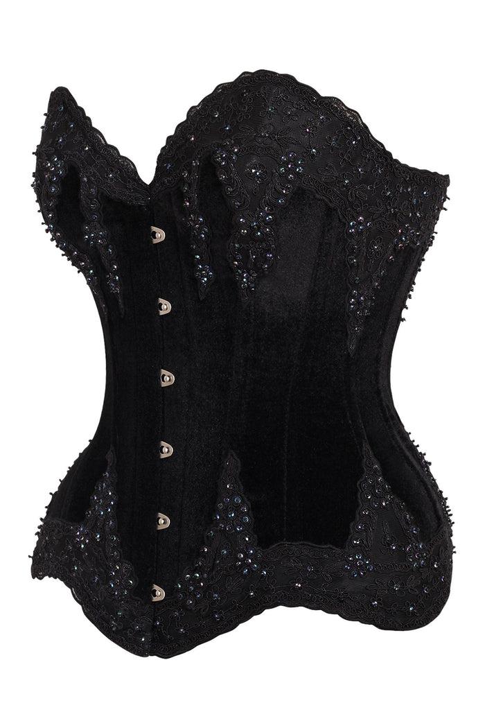 Daisy Beachwear Top Drawer Black Velvet & Beaded Steel Boned Overbust Corset