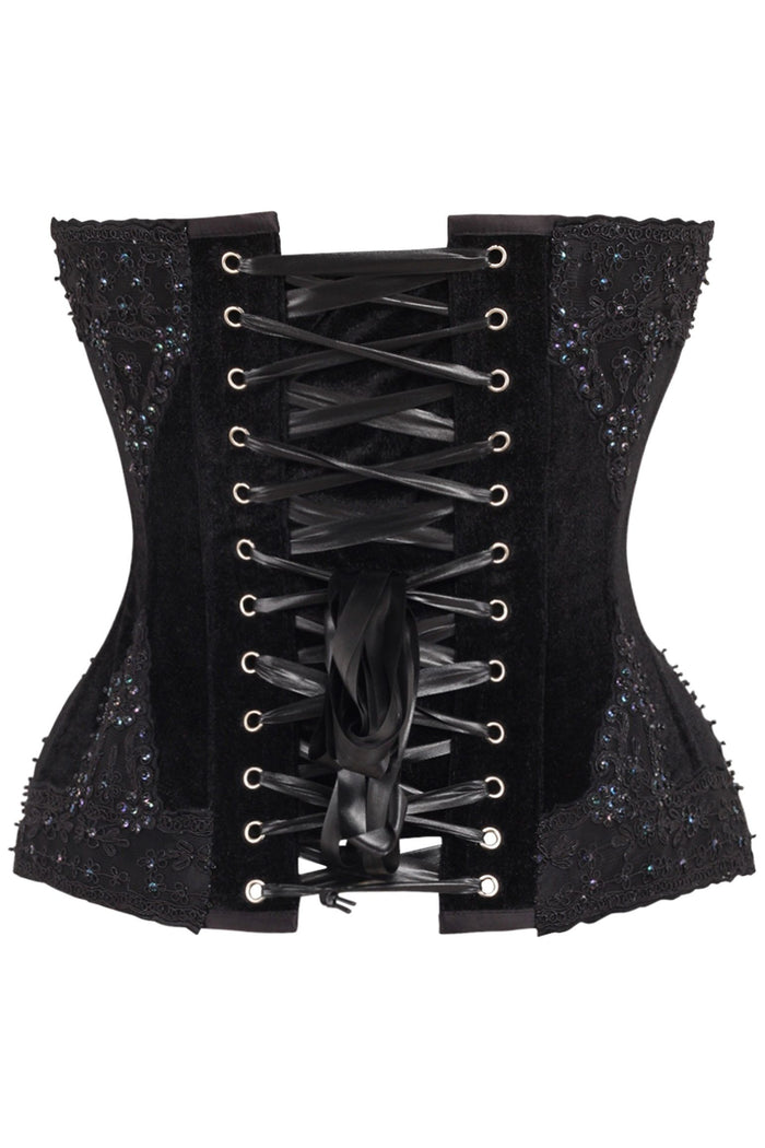 Daisy Beachwear Top Drawer Black Velvet & Beaded Steel Boned Overbust Corset