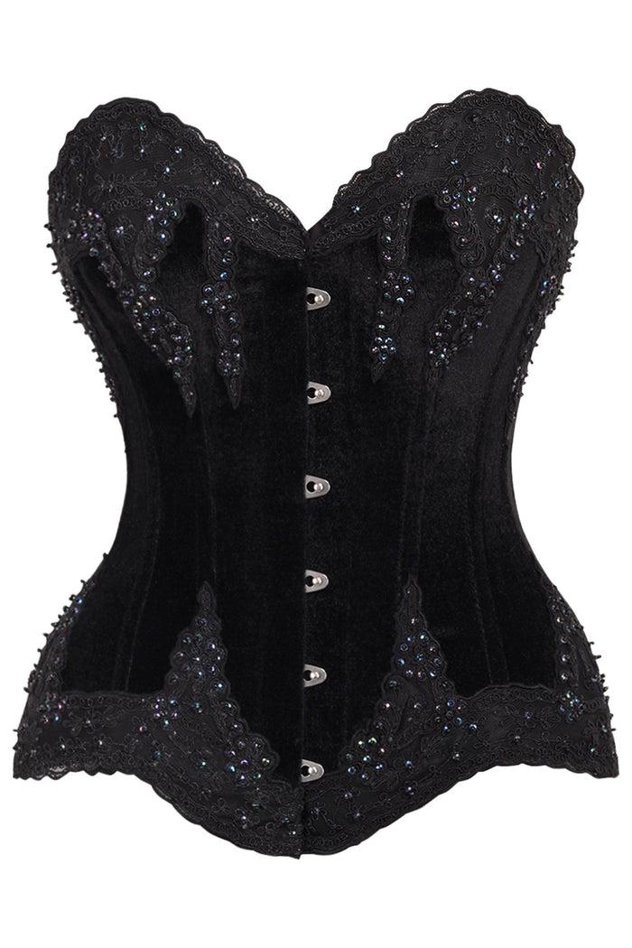 daisy beachwear Top Drawer Black Velvet & Beaded Steel Boned Overbust Corset