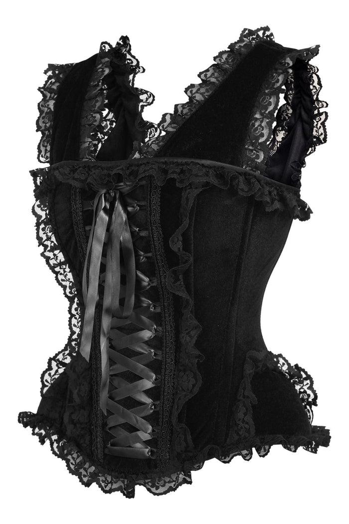 Daisy Beachwear Top Drawer Black Velvet & Lace Steel Boned Corset W/Cap Sleeves