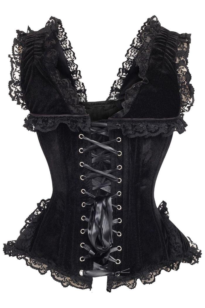 Daisy Beachwear Top Drawer Black Velvet & Lace Steel Boned Corset W/Cap Sleeves