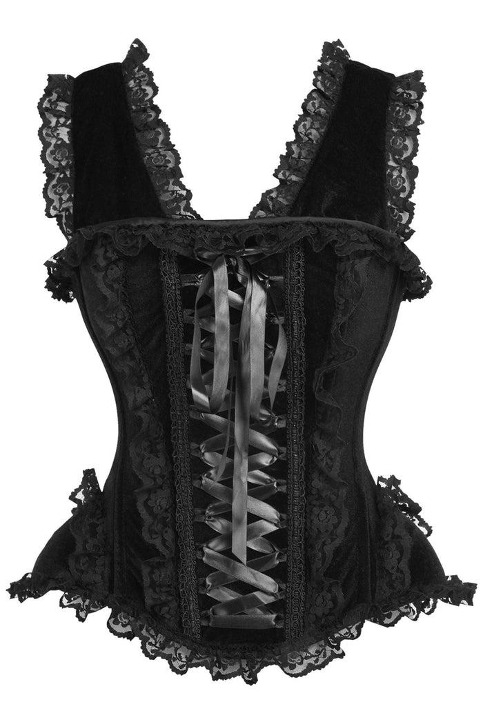 daisy beachwear Top Drawer Black Velvet & Lace Steel Boned Corset w/Cap Sleeves