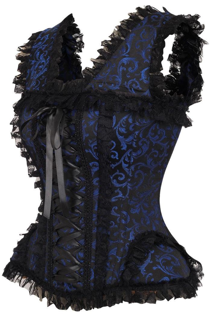 Daisy Beachwear Top Drawer Blue/Black Swirl Brocade & Lace Steel Boned Corset W/Cap Sleeves