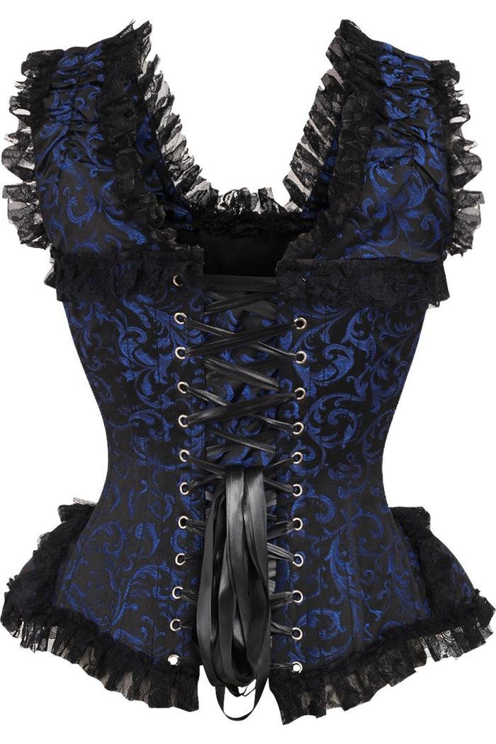 Daisy Beachwear Top Drawer Blue/Black Swirl Brocade & Lace Steel Boned Corset W/Cap Sleeves