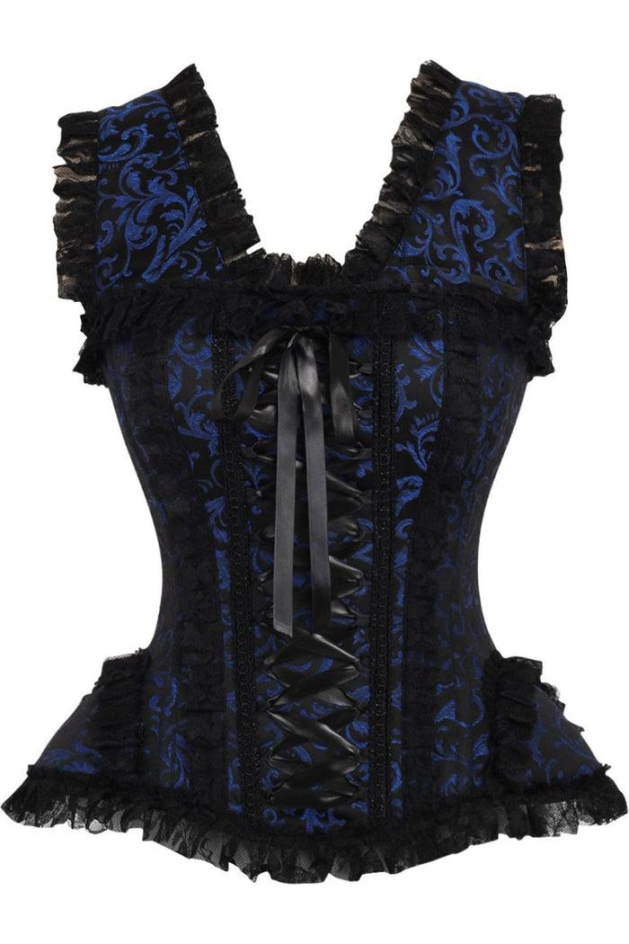 daisy beachwear Top Drawer Blue/Black Swirl Brocade & Lace Steel Boned Corset w/Cap Sleeves