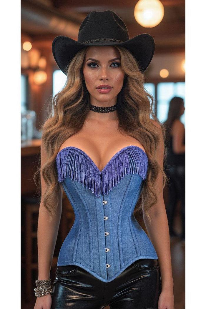 Daisy Beachwear Top Drawer Blue Denim Steel Boned Overbust Corset W/Fringe