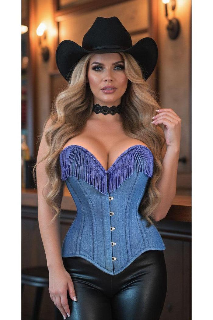 Daisy Beachwear Top Drawer Blue Denim Steel Boned Overbust Corset W/Fringe