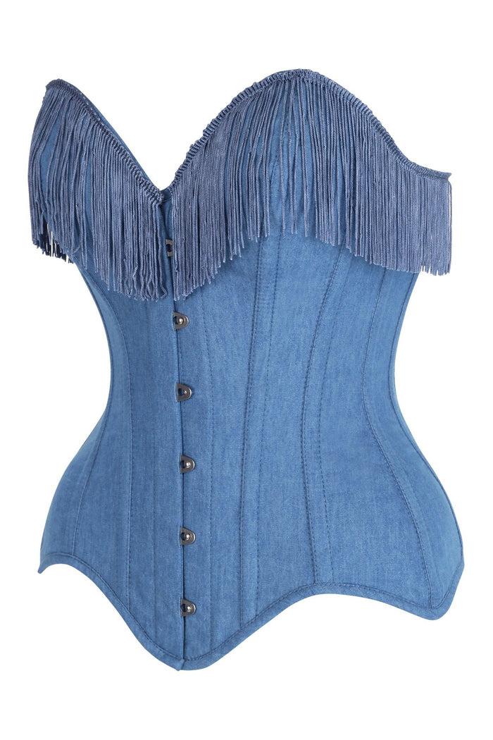 Daisy Beachwear Top Drawer Blue Denim Steel Boned Overbust Corset W/Fringe