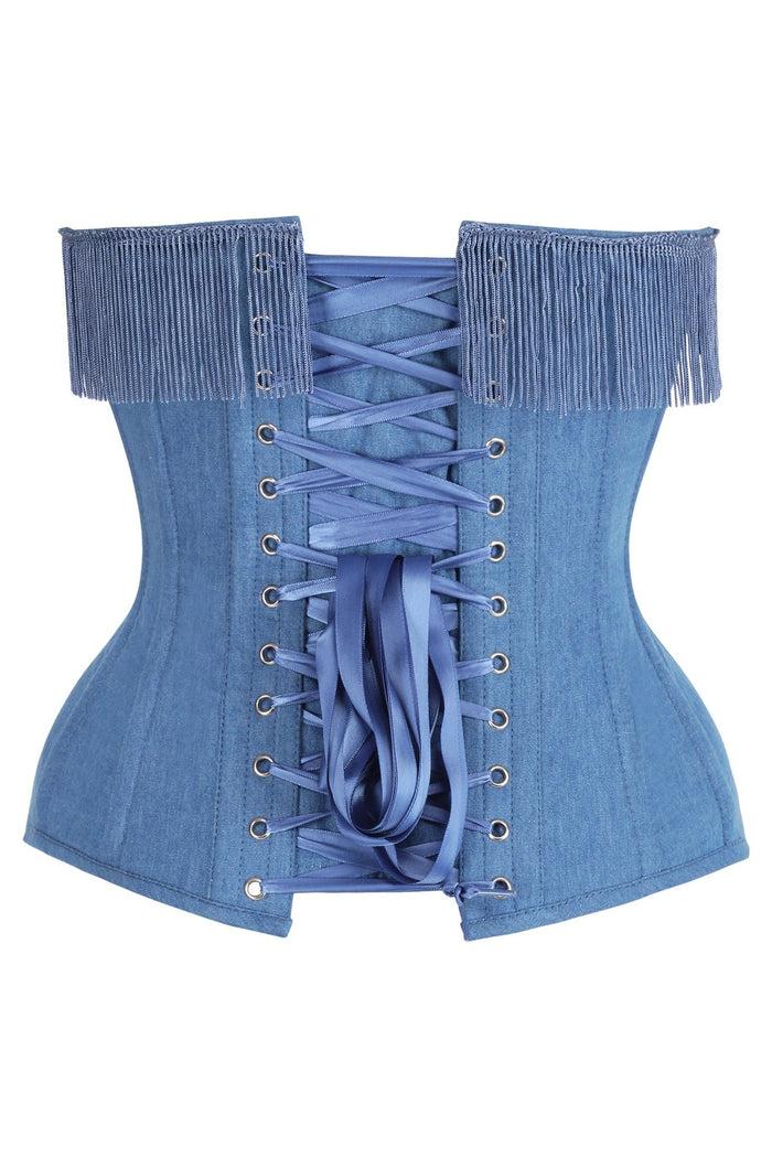 Daisy Beachwear Top Drawer Blue Denim Steel Boned Overbust Corset W/Fringe