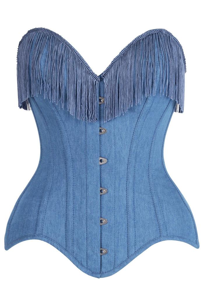 daisy beachwear Top Drawer Blue Denim Steel Boned Overbust Corset w/Fringe
