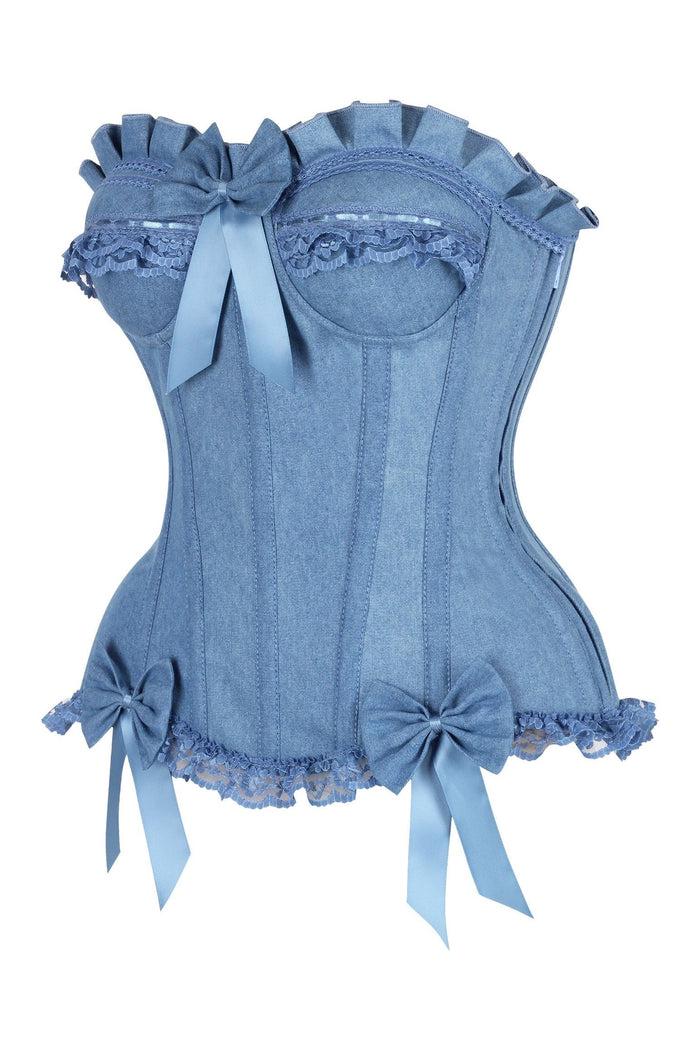 Daisy Beachwear Top Drawer Blue Denim Underwire Steel Boned Burlesque Corset W/Bows