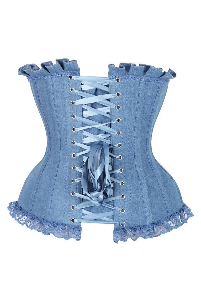 Daisy Beachwear Top Drawer Blue Denim Underwire Steel Boned Burlesque Corset W/Bows