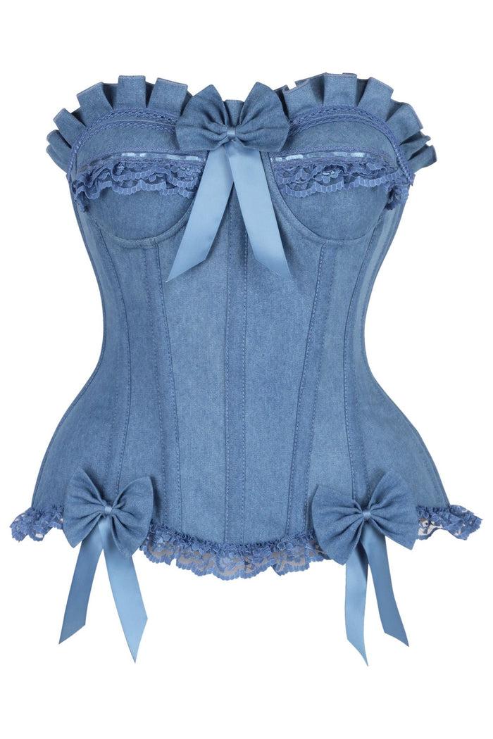 daisy beachwear Top Drawer Blue Denim Underwire Steel Boned Burlesque Corset w/Bows
