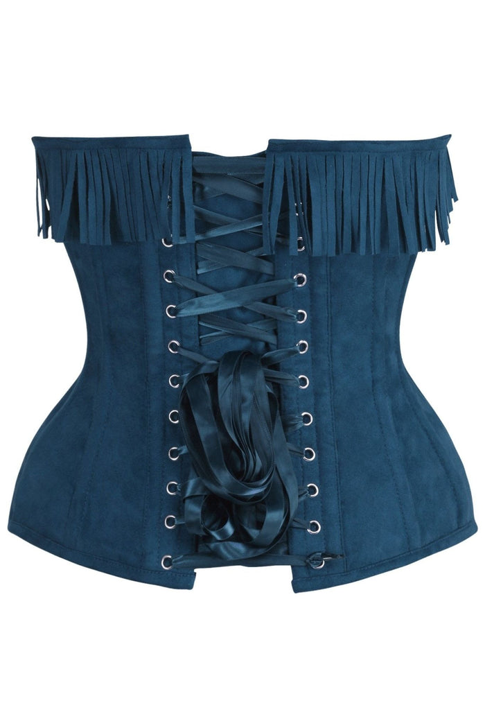 Daisy Beachwear Top Drawer Blue Suede Steel Boned Overbust Corset W/Fringe
