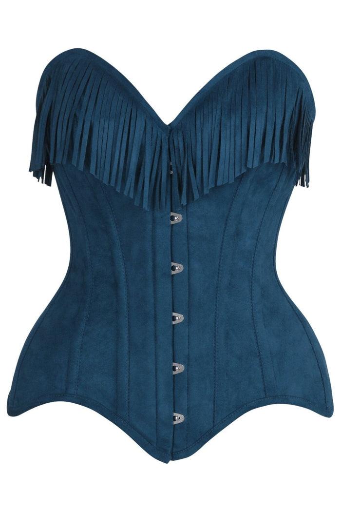 daisy beachwear Top Drawer Blue Suede Steel Boned Overbust Corset w/Fringe