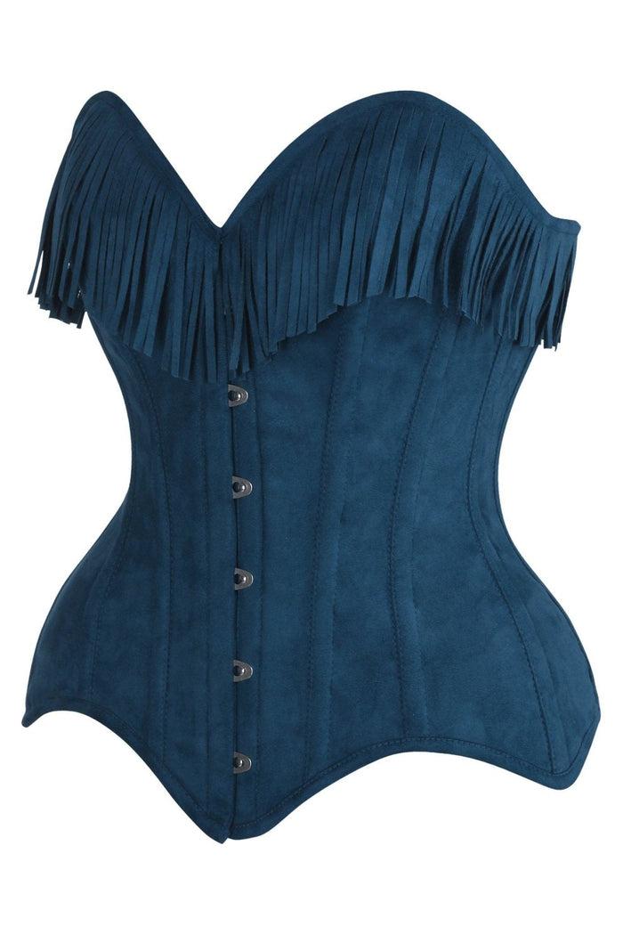 Daisy Beachwear Top Drawer Blue Suede Steel Boned Overbust Corset W/Fringe