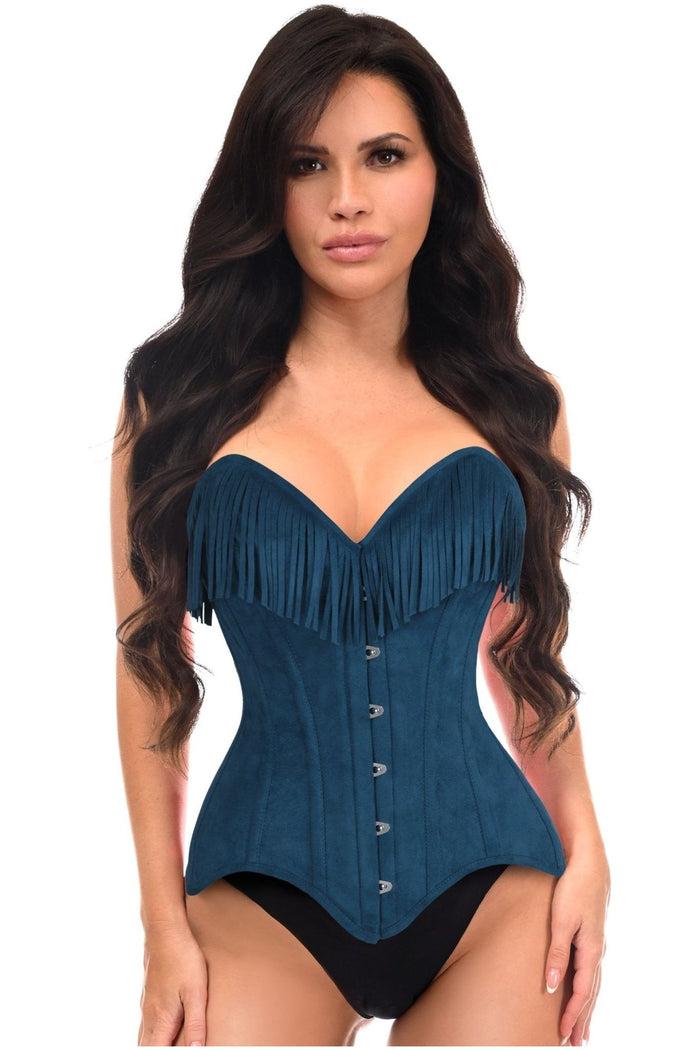 daisy beachwear Top Drawer Blue Suede Steel Boned Overbust Corset w/Fringe