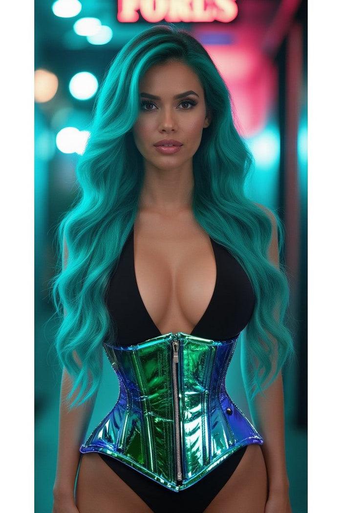 Daisy Beachwear Top Drawer Blue/Teal Holo Double Steel Boned Underbust Waist Cincher Corset