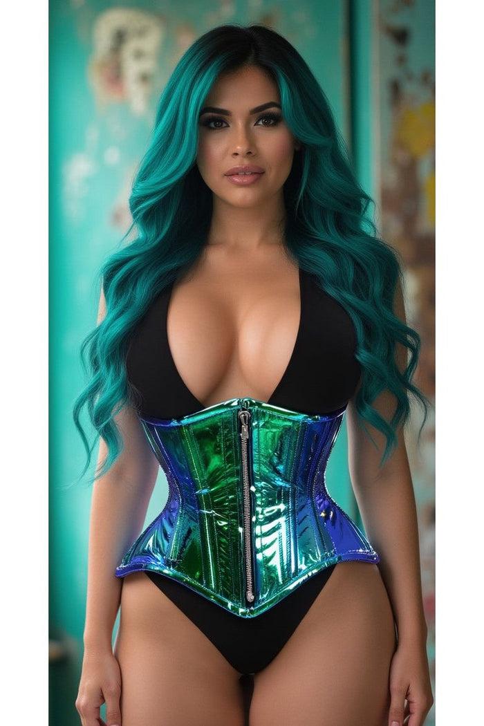 Daisy Beachwear Top Drawer Blue/Teal Holo Double Steel Boned Underbust Waist Cincher Corset