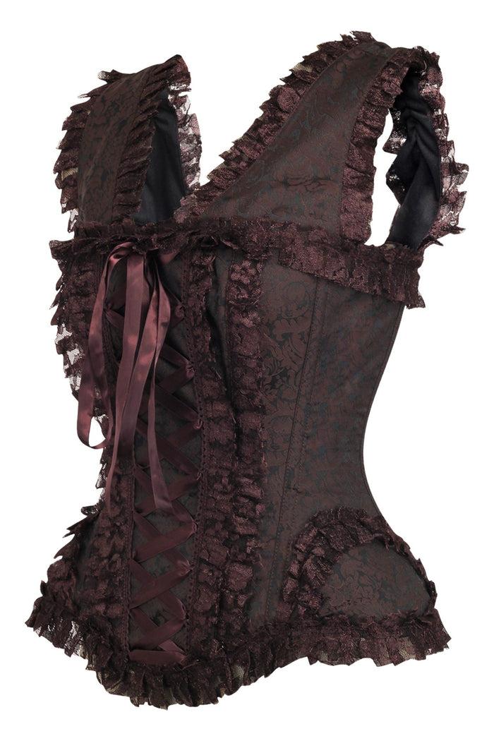 Daisy Beachwear Top Drawer Brown Swirl Brocade & Lace Steel Boned Corset W/Cap Sleeves