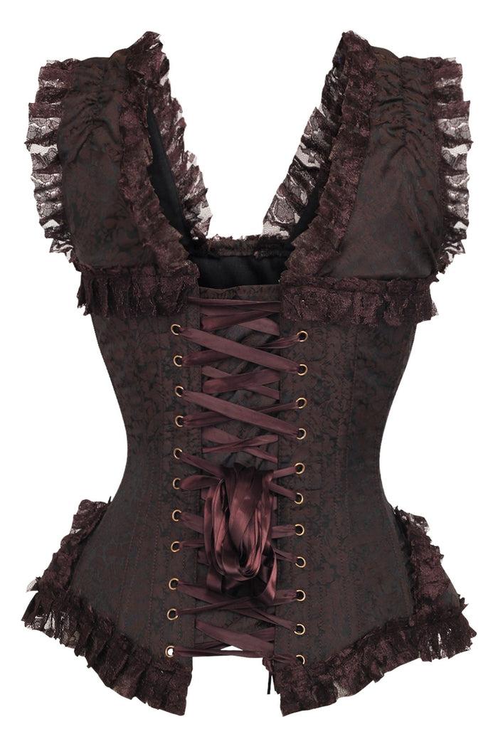 Daisy Beachwear Top Drawer Brown Swirl Brocade & Lace Steel Boned Corset W/Cap Sleeves