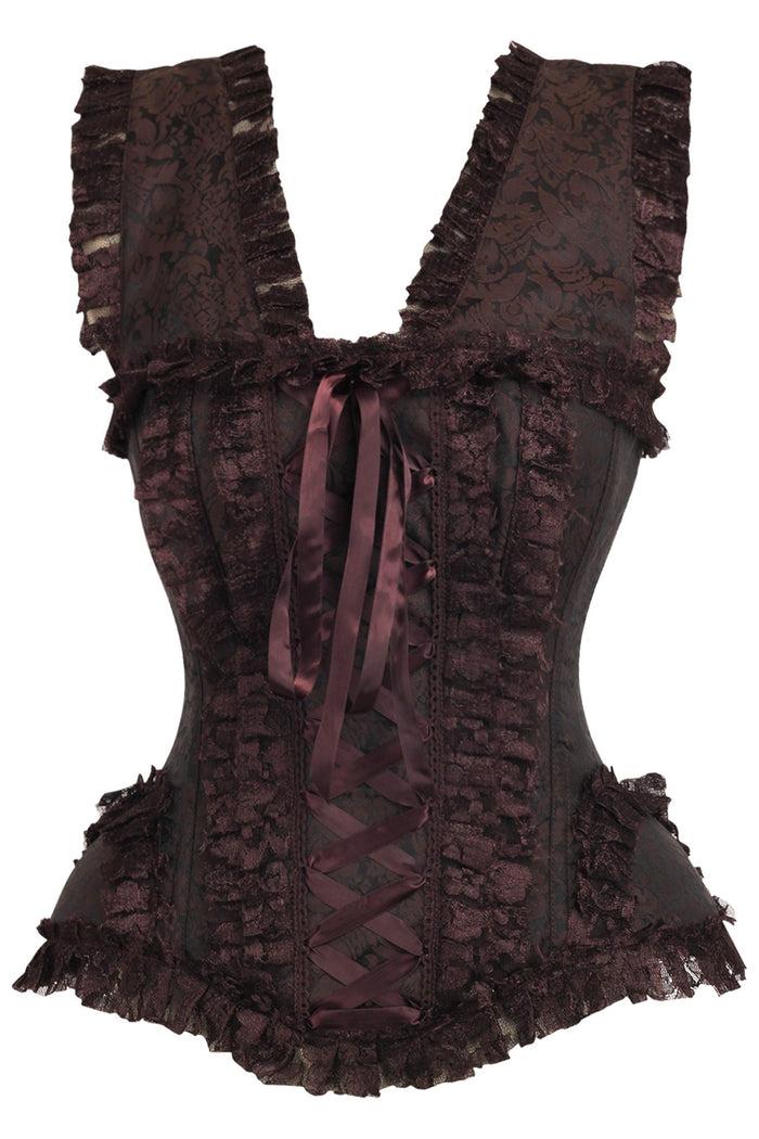 daisy beachwear Top Drawer Brown Swirl Brocade & Lace Steel Boned Corset w/Cap Sleeves
