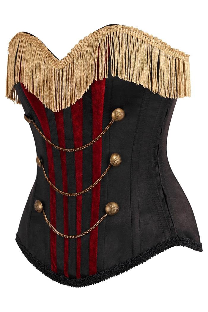 Daisy Beachwear Top Drawer Burlesque Black/Dark Red Steel Boned Corset W/Gold Fringe