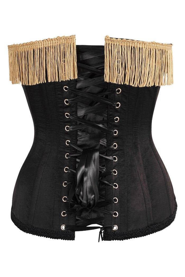 Daisy Beachwear Top Drawer Burlesque Black/Dark Red Steel Boned Corset W/Gold Fringe