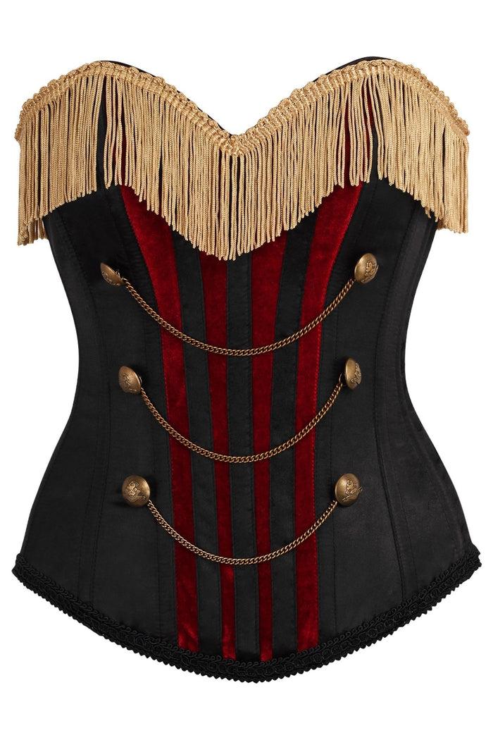 daisy beachwear Top Drawer Burlesque Black/Dark Red Steel Boned Corset w/Gold Fringe