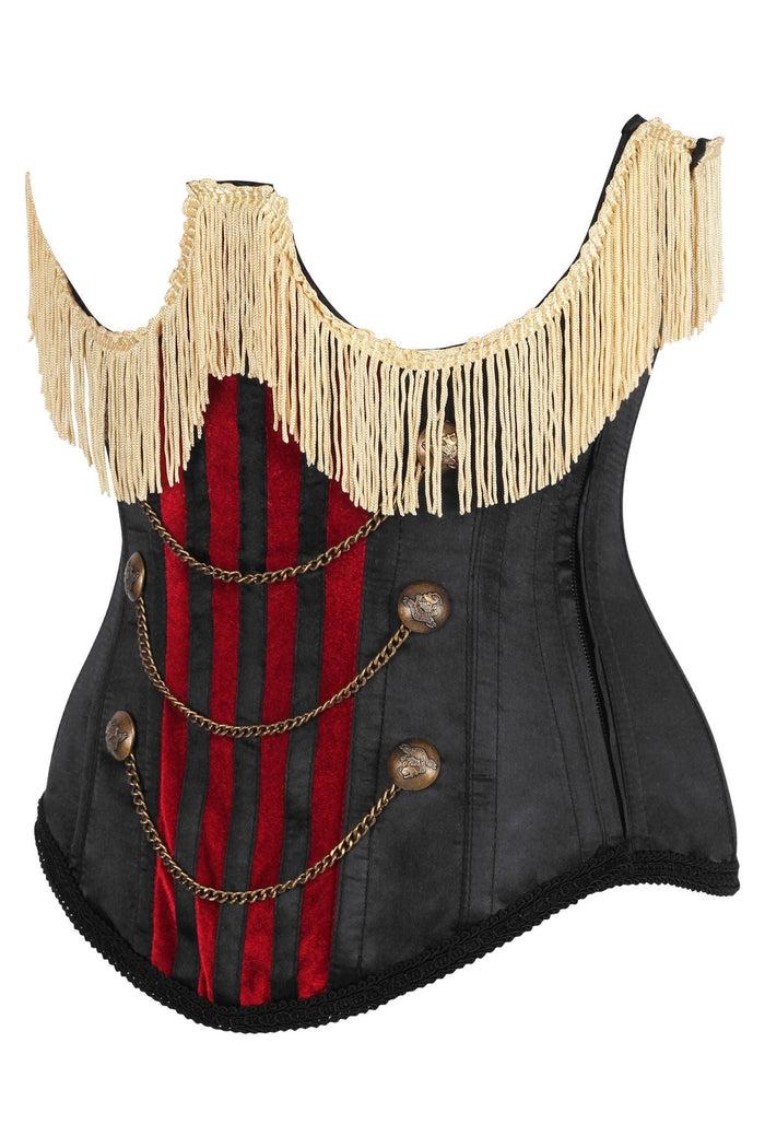 Daisy Beachwear Top Drawer Burlesque Underbust Black/Dark Red Steel Boned Corset W/Gold Fringe