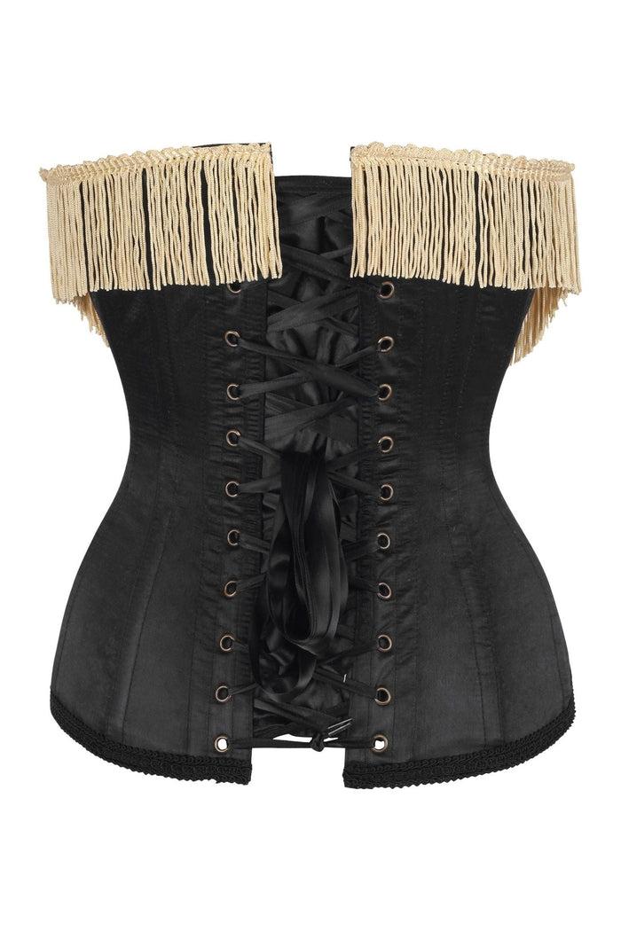 Daisy Beachwear Top Drawer Burlesque Underbust Black/Dark Red Steel Boned Corset W/Gold Fringe