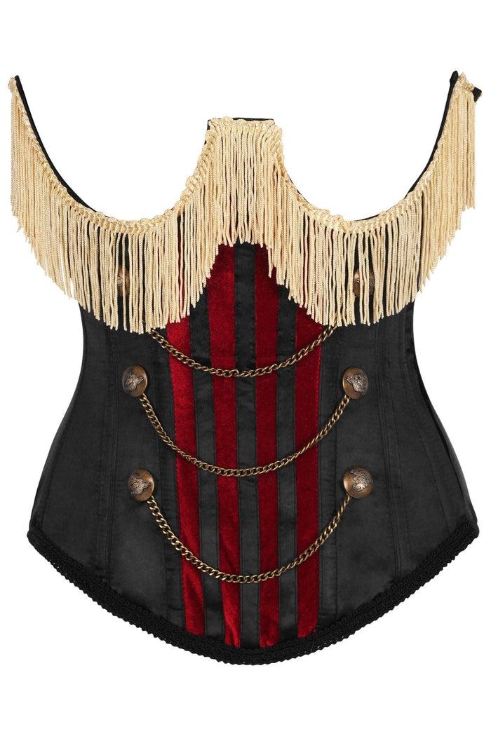 daisy beachwear Top Drawer Burlesque Underbust Black/Dark Red Steel Boned Corset w/Gold Fringe